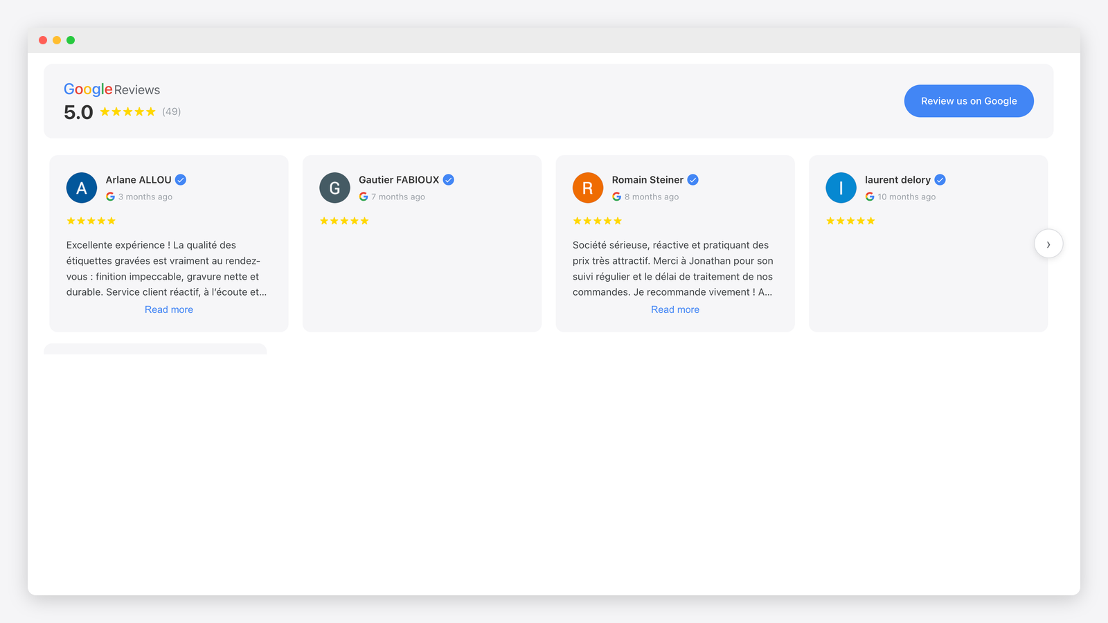 Widget d’avis Google sur une page produit (desktop)