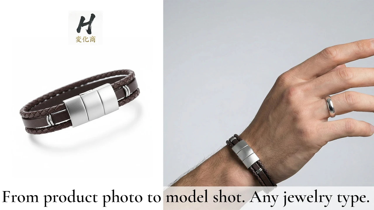 Exemple Henka : photo d’un bracelet puis visuel du bijou porté sur un mannequin IA